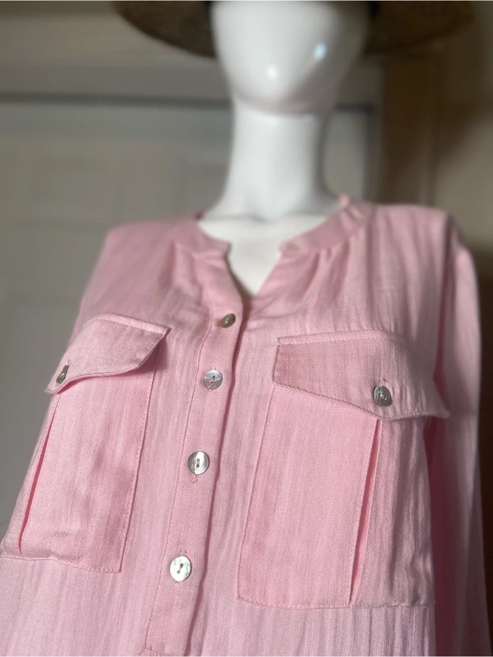 Kori~Light Pink-1/2 Button-Front~Popover~Blouse~Long Sleeve~Chest Pockets~Size L